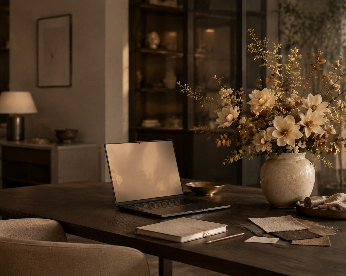 A calm customer care worktable with a notebook, laptop and considered floral arrangement